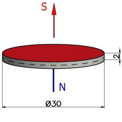 Magnes neodymowy — średnica ⌀30 mm, grubość 2 mm —  (N38)