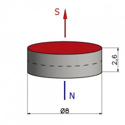 Okrągły magnes neodymowy — średnica ⌀8 mm, wys. 2,6 mm — N38 - 002