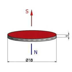 Magnes neodymowy cienki — średnica ⌀18 mm, wys. 1 mm — N38 - 002
