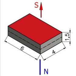 Magnes neodymowy — długość 6 mm, szerokość 4 mm, wysokość 1,5 mm — materiał N38