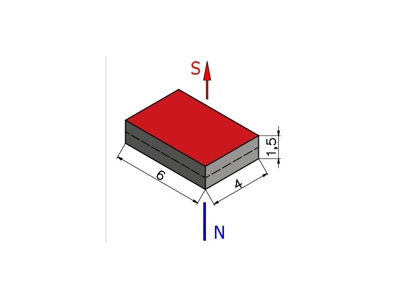 Magnes neodymowy — długość 6 mm, szerokość 4 mm, wysokość 1,5 mm — materiał N38