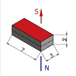 Magnes neodymowy — długość 7 mm, szerokość 3 mm, wysokość 2 mm — materiał N38