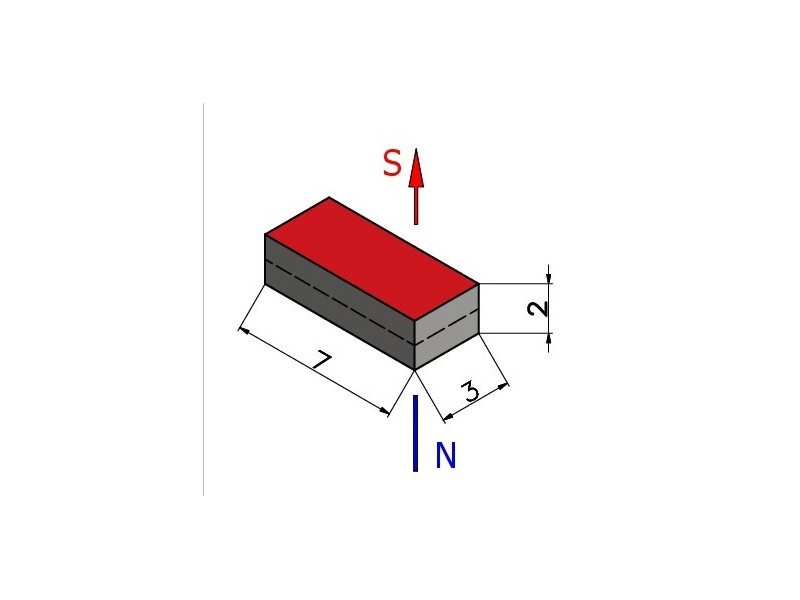 Magnes neodymowy — długość 7 mm, szerokość 3 mm, wysokość 2 mm — materiał N38