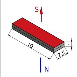 Płaski magnes neodymowy — dł. 10 mm, szer. 2,5 mm, wys. 1 mm — N38 - 002