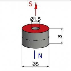 Magnes neodym — średnica Ø5 mm, otwór 1,5 mm, wys. 3 mm — N35 - 002