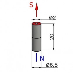 Magnes neodymowy z dziurką — ⌀6,5 mm, dziurka ⌀2 mm, wys. 20 mm — N38 - 002