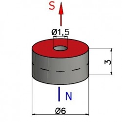 Magnes okrągły z otworem — ⌀6 mm, otwór ⌀1,5 mm, wys. 3 mm — neodymowy (N35) - 002