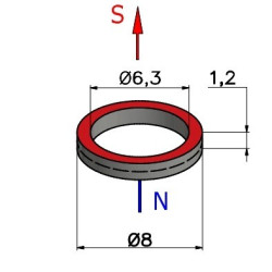Magnes neodymowy — średnica ⌀8 mm, otwór ⌀6,3 mm, grubość 1,2 mm — pierścieniowy