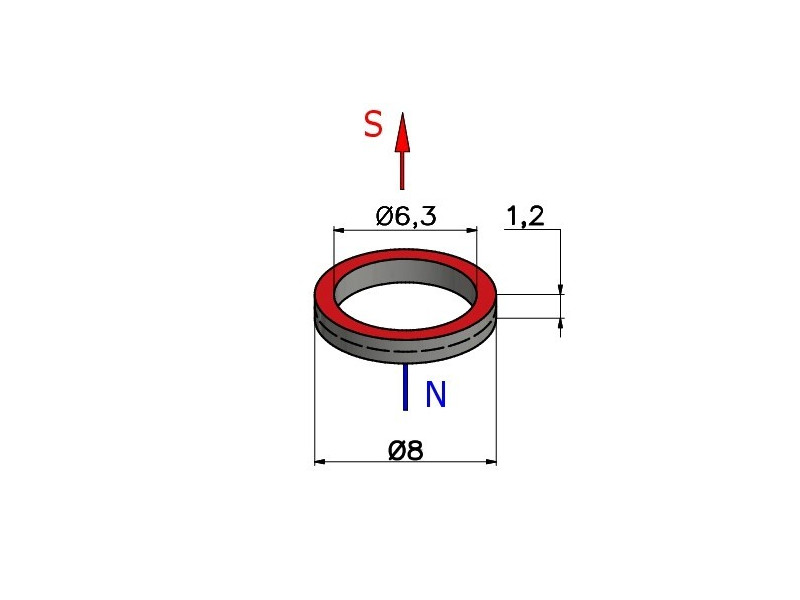 Magnes neodymowy — średnica ⌀8 mm, otwór ⌀6,3 mm, grubość 1,2 mm — pierścieniowy