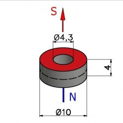 Magnes — średnica ⌀10 mm, otwór ⌀4,3 mm, grubość 4 mm — neodymowy (N38) - 002