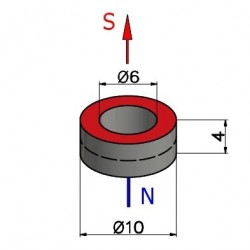 Pierścieniowy magnes neodymowy — średnica ⌀10 mm, otwór ⌀6 mm, wys. 4 mm — (N38) - 002