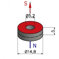 Magnes — średnica ⌀14,8 mm, otwór ⌀5,2 mm, grubość 5 mm — neodymowy (N38) - 002