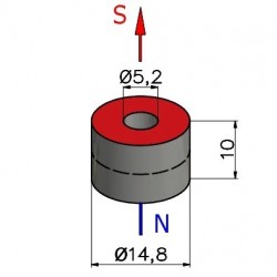 Magnes — średnica ⌀14,8 mm, otwór ⌀5,2 mm, grubość 10 mm — neodymowy (N38) - szkic z wymiarami i biegunowością
