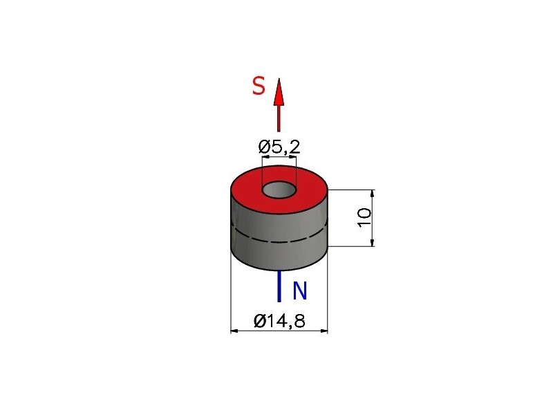 Magnes — średnica ⌀14,8 mm, otwór ⌀5,2 mm, grubość 10 mm — neodymowy (N38) - szkic z wymiarami i biegunowością