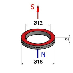 Magnes neodymowy — średnica ⌀16 mm, otwór ⌀12 mm, grubość 2 mm — pierścieniowy (N38)