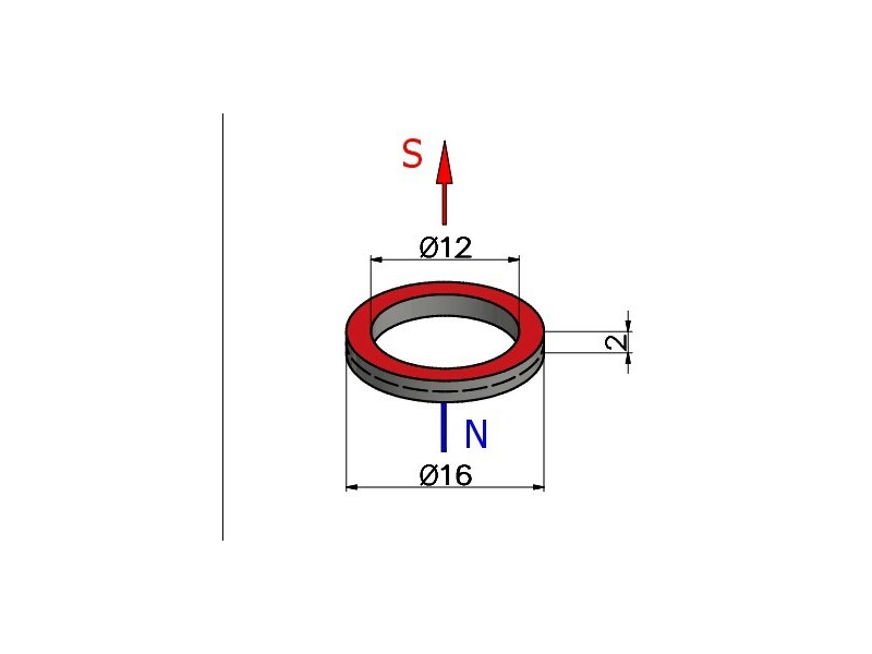 Magnes neodymowy — średnica ⌀16 mm, otwór ⌀12 mm, grubość 2 mm — pierścieniowy (N38)