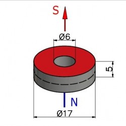 Magnes neodymowy z otworem — średnica ⌀17 mm, otwór ⌀6 mm, wys. 5 mm — (N42) - 002