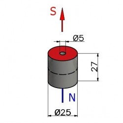 Magnes — średnica ⌀25 mm, otwór ⌀5 mm, wysokość 27 mm — neodymowy (N38) - 002