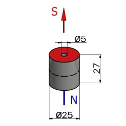 Magnes neodymowy— średnica ⌀25 mm, otwór ⌀5 mm, wysokość 27 mm — pierścień