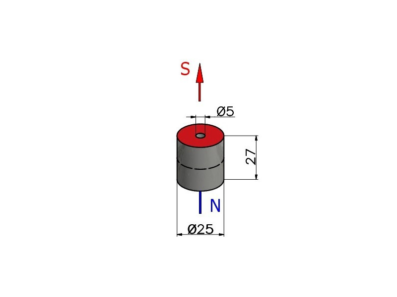 Magnes neodymowy— średnica ⌀25 mm, otwór ⌀5 mm, wysokość 27 mm — pierścień