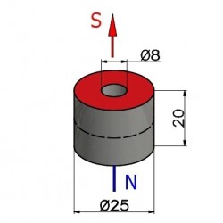 Neodym magnes — średnica ⌀25 mm, otwór ⌀8 mm, wys. 20 mm — N38 - 002