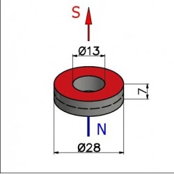 Magnes — średnica ⌀28 mm, otwór ⌀13 mm, grubość 7 mm — neodymowy (N40) - 002