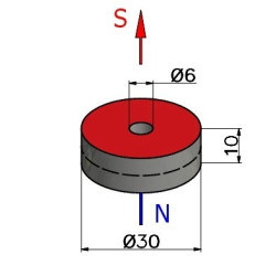 Magnes neodymowy — średnica ⌀30 mm, otwór ⌀6 mm, grubość 10 mm — materiał N38