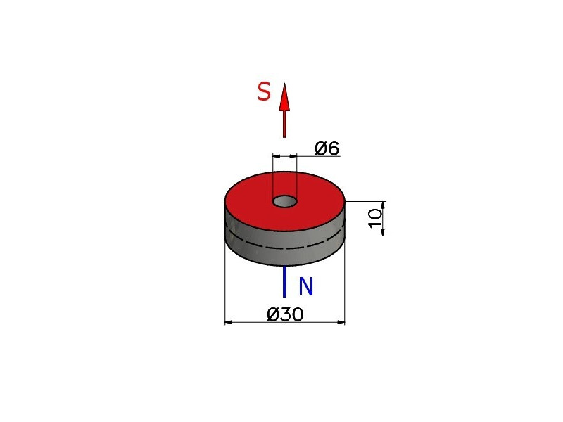 Magnes neodymowy — średnica ⌀30 mm, otwór ⌀6 mm, grubość 10 mm — materiał N38
