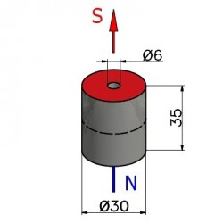 Magnes — średnica ⌀30 mm, otwór ⌀6 mm, wysokość 35 mm — neodymowy (N38) - 002