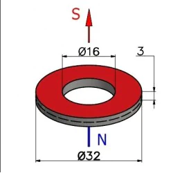 Magnes — średnica ⌀32 mm, otwór ⌀16 mm, grubość 3 mm — neodymowy (N38) - 005