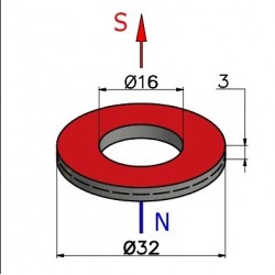 Magnes — średnica ⌀32 mm, otwór ⌀16 mm, grubość 3 mm — neodymowy (N38) - 002