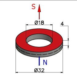Magnes neodymowy pierścieniowy — średnica ⌀32 mm, otwór ⌀18 mm, grubość 4 mm — materiał N38.