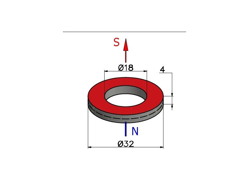 Magnes neodymowy pierścieniowy — średnica ⌀32 mm, otwór ⌀18 mm, grubość 4 mm — materiał N38.