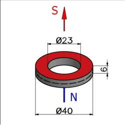 Magnes neodymowy — średnica ⌀40 mm, otwór ⌀23 mm, grubość 6 mm — (N38)