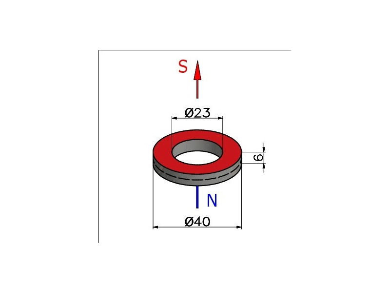 Magnes neodymowy — średnica ⌀40 mm, otwór ⌀23 mm, grubość 6 mm — (N38)