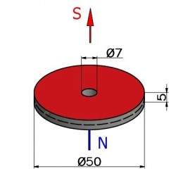 Magnes — średnica ⌀50 mm, otwór ⌀7 mm, grubość 5 mm — neodymowy (N38H) - 002