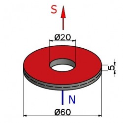 Magnes neodymowy pierścieniowy — ⌀60 mm, ⌀20 mm, wys. 5 mm — N38 - 002