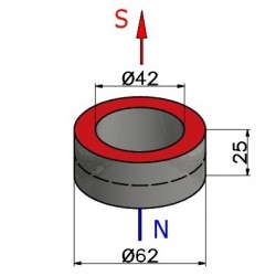 Magnes duży — średnica ⌀62 mm, otwór ⌀42 mm, wys. 25 mm — N38 - 002
