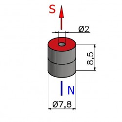 Magnes — średnica ⌀7,8 mm, otwór ⌀2 mm, wysokość 8,5 mm — neodymowy (N45) - 002