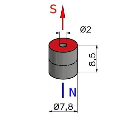 Magnes — średnica ⌀7,8 mm, otwór ⌀2 mm, wysokość 8,5 mm — neodymowy (N48) - 002
