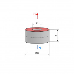 Magnes — średnica ⌀10 mm, otwór ⌀4 mm, grubość 5 mm — neodymowy (N38)