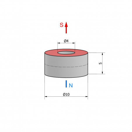 Magnes — średnica ⌀10 mm, otwór ⌀4 mm, grubość 5 mm — neodymowy (N38)