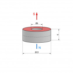 Magnes — średnica ⌀15 mm, otwór ⌀6 mm, grubość 6 mm — neodymowy (N38)