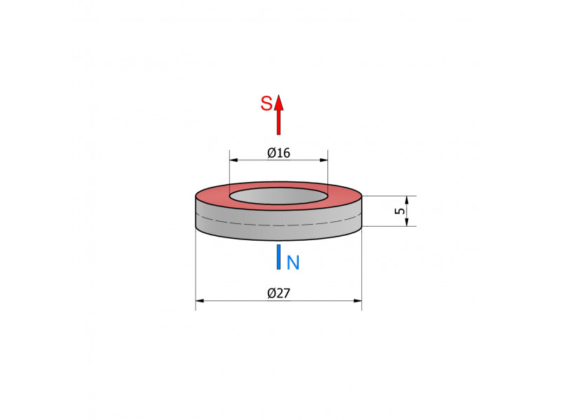 Magnes — średnica ⌀27 mm, otwór ⌀16 mm, grubość 5 mm — neodymowy (N38)