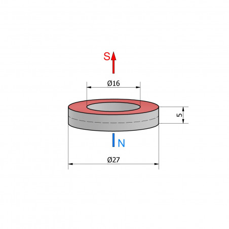 Magnes — średnica ⌀27 mm, otwór ⌀16 mm, grubość 5 mm — neodymowy (N38)