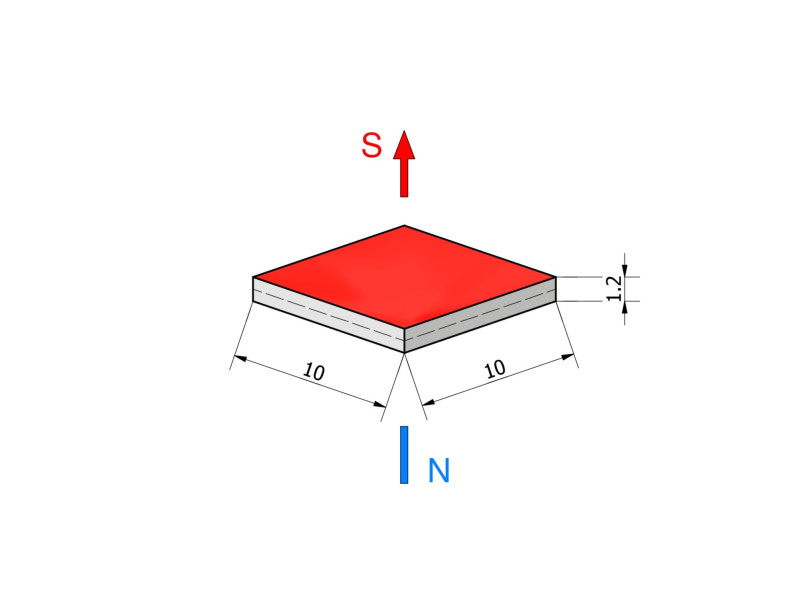 Magnes neodymowy — długość 10 mm, szerokość 10 mm, wysokość 1,2 mm — materiał N38