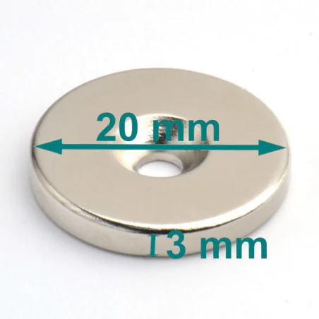Magnes okrągły, pod wkręt — średnica ⌀20 mm, ⌀7/⌀3,5 mm, wys. 3 mm — neodymowy (N38)