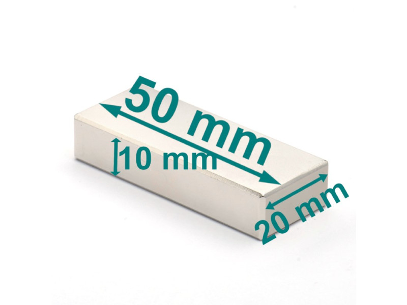 Magnes — długość 50 mm, szerokość 20 mm, wysokość 10 mm — neodymowy (N35H)