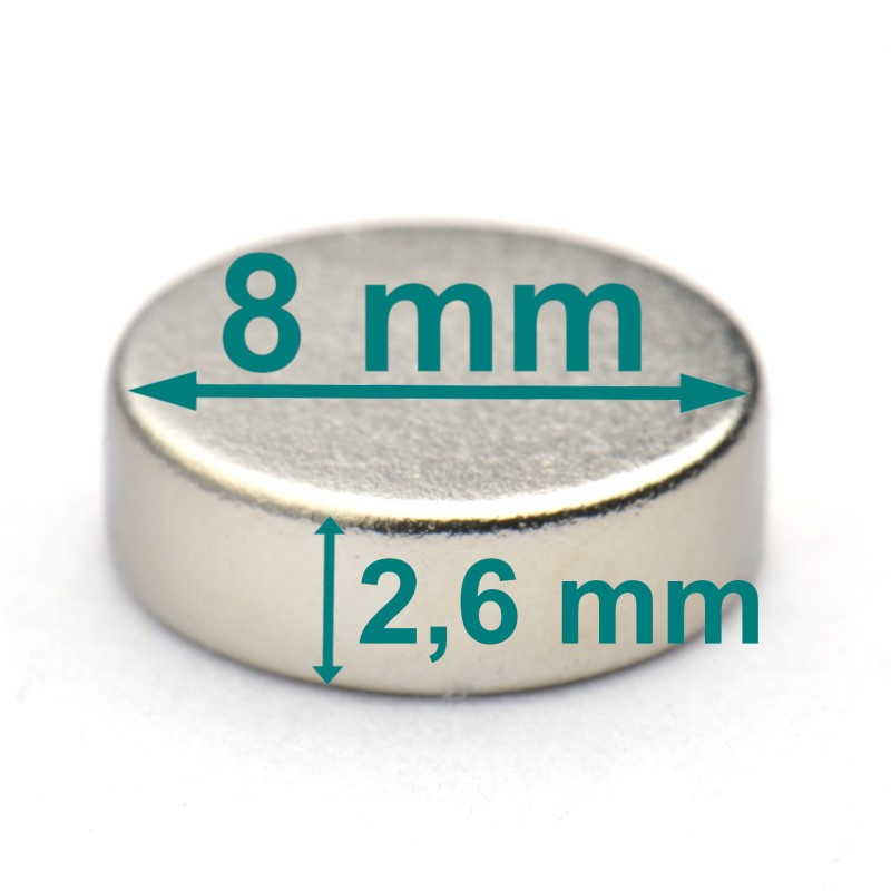 Okrągły magnes neodymowy — średnica ⌀8 mm, wys. 2,6 mm — N38