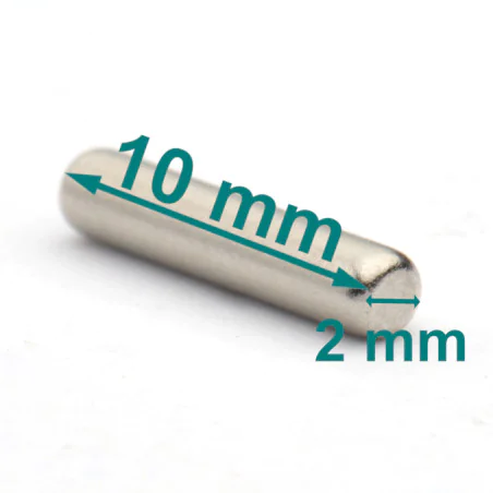 Magnes neodymowy walcowy — średnica ⌀2 mm, wys. 10 mm — N38